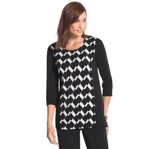 Chico's Tunic Women's Top S Sz 4 Chelsea Diamond-Print Black White 3/4 sleeve 0